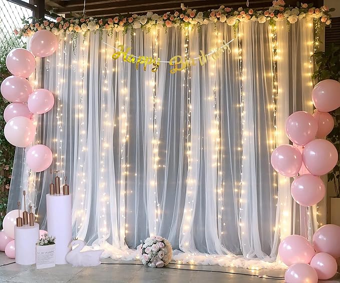 White Backdrop Curtains with Lights String for Wedding Parties 10×10ft Sheer Tulle Backdrop Curtain for Bridal Shower Baby Shower Birthday Party Photo Shoot Background Decorations(2 Panels 10ft×10ft) - Image 4