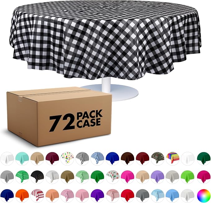 Grandipity Black Checkered Gingham 72 Pack Premium Disposable Plastic Tablecloth 84" Inch Decorative Round Checkered Racing Flag Table Cover by Grandipity