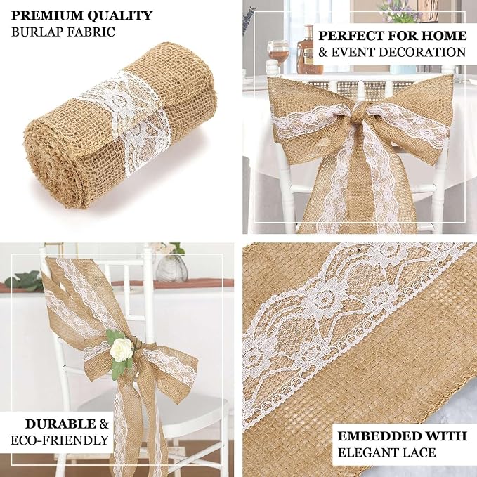 Efavormart 5"x108" | Natural Burlap with Lace Chair Sashes Covers, Hessian Fabric Rustic Jute Chair Sashes Covers, Chair Bow - Image 4