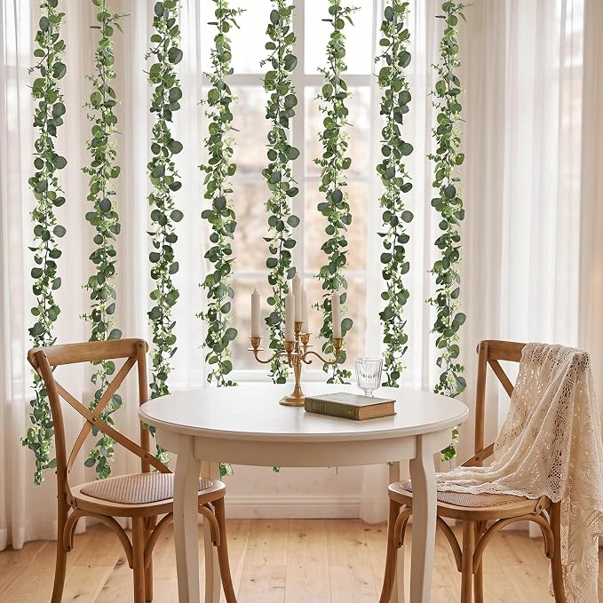Dolicer 10 Packs 6FT Artificial Eucalyptus Garland Faux Greenery Garland | Fake Vines Hanging Silver Dollar Eucalyptus Leaves with White Seed for Wedding Backdrop Arch Table Wall Party Home Decor - Image 7