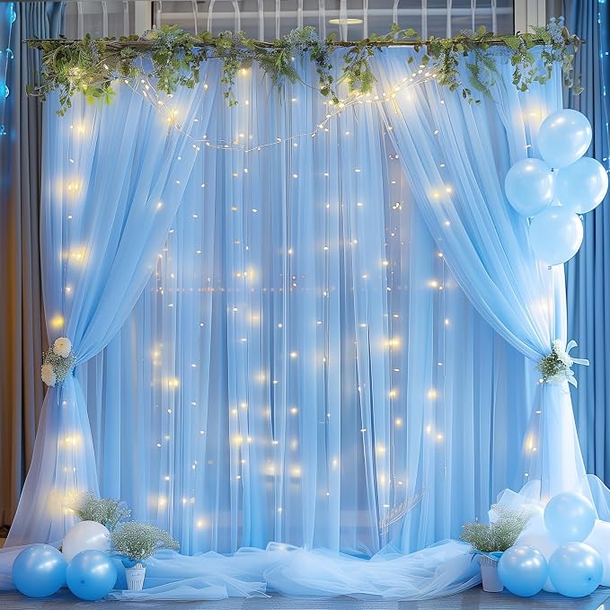 10ft x 8ft Blue Backdrop Curtain with Lights String for Parties, Sheer Tulle Wedding Photo Backdrops Drapes for Baby Shower Birthday Party Decorations Background for Photography - Image 2