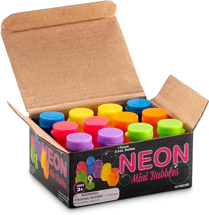 Mini Neon Party Bubbles for Kids - (Pack of 12) Bulk Wands and Bottles for Blowing Bubbles, Birthday Party Favors, Toy Gift, Outdoor Toys, Carnival Prizes, and Goody Bag Stuffers