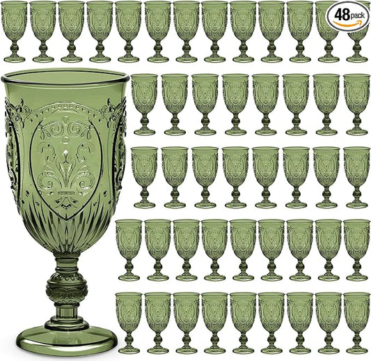 48 Pcs Plastic Goblets 7.5oz Vintage Goblet Plastic Wine Glasses Colored Retro Embossed Water Goblets for Wine Bar Juice Baby Shower Wedding Reception Grand Event Party (Olive Green)