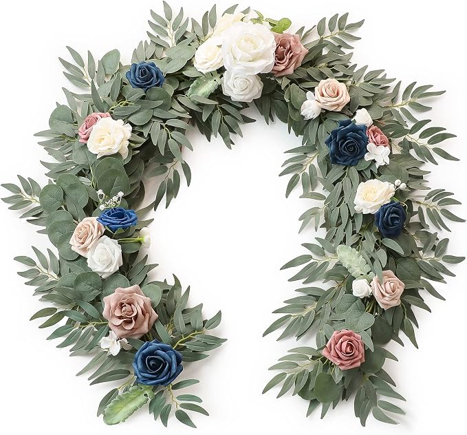 Floroom 6ft Artificial Eucalyptus Garland with Flowers Fake Greenery Faux Floral Vine Garland for Table Decor Wedding Centerpieces Bridal Shower Party Decorations, Dusty Rose & Navy by Floroom