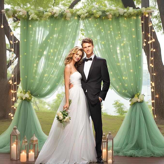 10ft x 8ft Green Backdrop Curtain with Lights String for Parties, Sheer Tulle Wedding Photo Backdrops Drapes for Baby Shower Birthday Party Decorations Background for Photography - Image 2