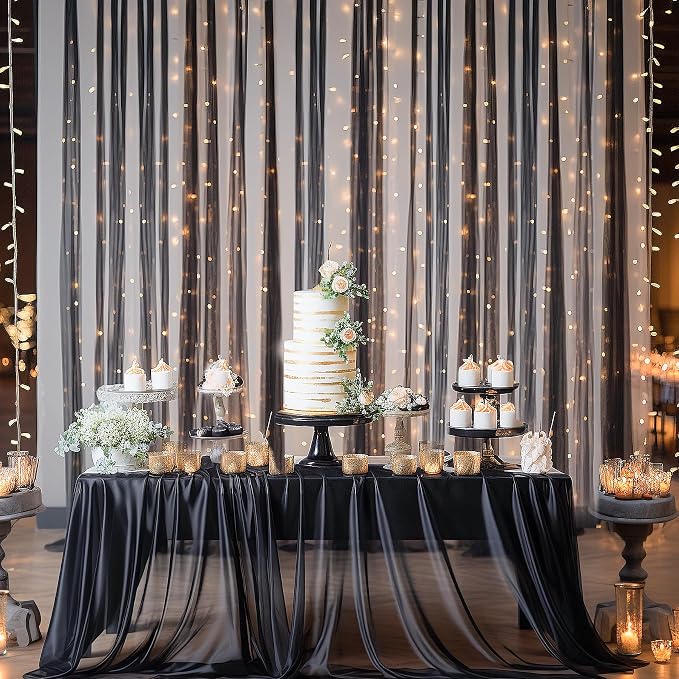 30ft x 8ft Black Backdrop Curtain Panels with Lights String for Parties, Sheer Tulle Wedding Backdrop Drapes for Baby Shower Birthday Party Home Decorations - Image 3