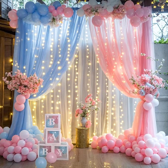 Pink Blue Sheer Tulle Backdrop Curtains with Lights String for Gender Reveal Baby Shower Decorations for Boy or Girl Birthday Party Photo Shoot Backdrop Background Decorations 2 Panels 5×8ft by Suppromo