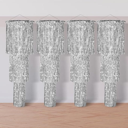 Tatuo 3 Tier Metallic Tinsel Chandelier Shimmering Fringe Chandelier Decor Hanging Decoration Photo Booth Backdrop for Birthday Anniversary Wedding New Year's Eve Party Supplies, 4 ft (4 Pcs,Silver)