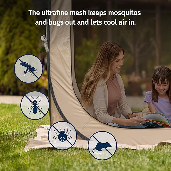 East Oak Screen House Tent Pop-Up, Portable Screen Room Canopy Instant Screen Tent 10 x 10 FT with Carry Bag for Patio, Backyard, Deck & Outdoor Activities, Beige