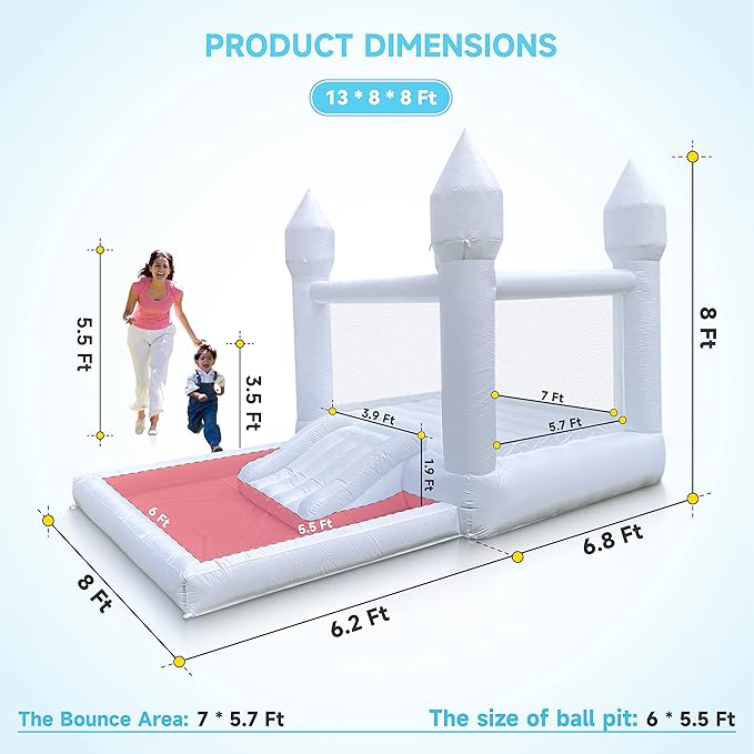 Inflatable White Bounce House for Kids with UL Blower-Portable, Large Ball Pool and Jump Space 3in1 Bouncy Castles A Spacious Joy-Room Bounce House for Kids 3-12 (Oxford material-13' L X 8' W X 8' H)