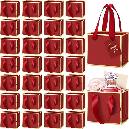Yeaqee 25 Pcs Mini Metallic Paper Gift Bags with Handle, Burgundy Red, Gold | 4.75x2.25x4'' Small Gift Bag with DIY Tag, Tiny Thank You Party Favor, Wedding Baby Shower Birthday Back to School Jewelry by Yeaqee