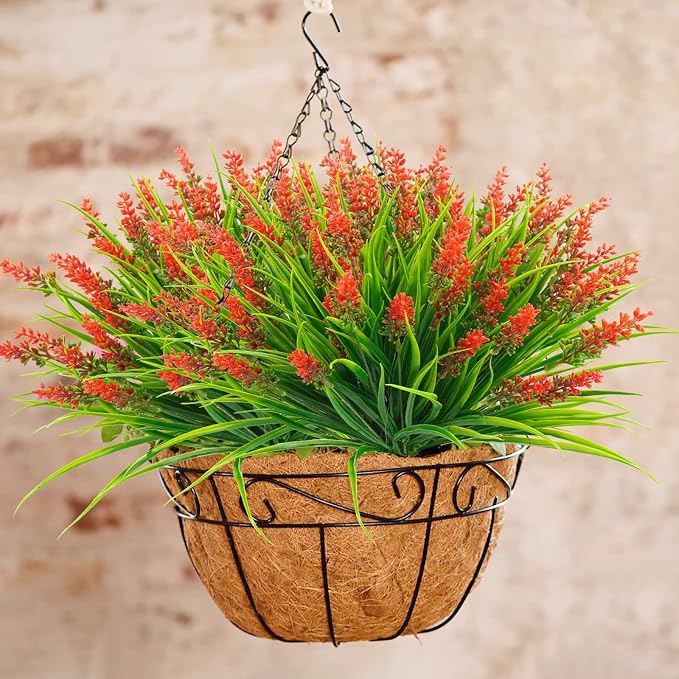 obbsie 12 Bundles Artificial Plants Outdoor, 18.2" UV Resistant Faux Monkey Grass Greenery Stems No Fade Faux Plastic Flowers Shrubs for Home Weddings Garden Porch Front Patio Office Decor - Red - Image 7