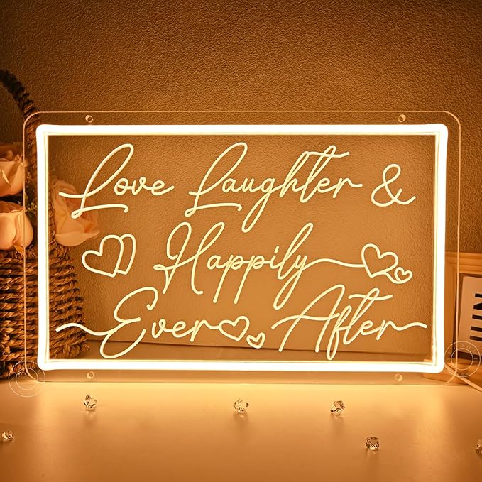 SYLHOME Led Neon Light Sign Love Laughter Happily Ever After Wedding Backdrop Home Bedroom Living Room Wall Sign Decor Birthday Christmas Party 15.75" X 9.84" USB