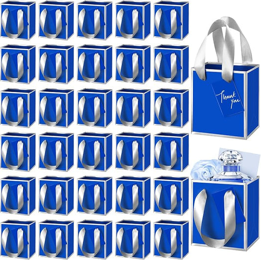 Yeaqee 25 Pcs Mini Paper Gift Bags with Handles Tag, Royal Blue,Silver | Small Size, 4x2.75x4.5'', Metallic Trim, Ribbon Handle, Tiny Jewelry Gift Bag, Wedding Christmas Party Return Thank You Gift by Yeaqee