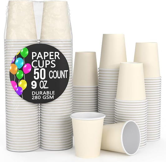 Party Solids Ivory Paper Cups 9 oz - 50 Disposable Cups for Hot & Cold Drinks - Durable 280 GSM Coffee Tea Tumblers for Parties Events & To Go by PartySolids