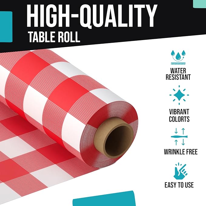 Exquisite Party Solids Red Gingham Plastic Table Cover Roll 6 Pack 40" X 100' Table Cloth Plastic Cover Roll - Premium Quality Thick 0.5 MIL Banquet Rolls - Disposable Tablecloth Rolls - Image 4