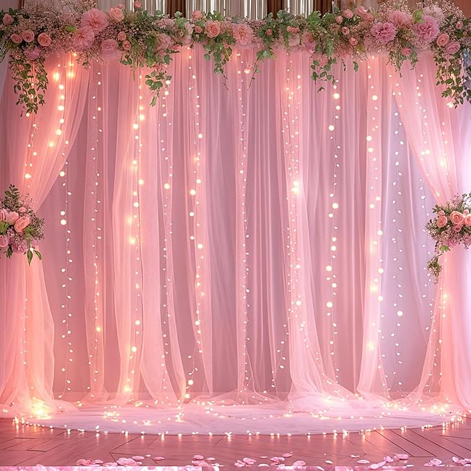 Pink Tulle Backdrop Curtains with Lights String for Parites 10ft×8ft Wrinkle Free Pink Sheer Sparkle Backdrop Curtains for Baby Shower Girls Bridal Shower Birthday Party Photo Shoot Decorations by Suppromo