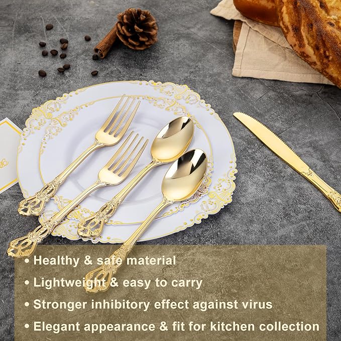 90 Pieces Gold Plastic Silverware - Heavy Duty Gold Disposable Utensils - Fancy Plastic Cutlery Set Includes 30 Forks, 30 Spoons, 30 Knives for Dinner Parties Weddings