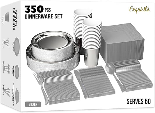 Exquisite Silver Paper Plates Set 350 Pcs 50-9" & 50-7" Party Plates | Sturdy Paper Dinnerware Set With 9" & 7" Silver Plates for Party, Dinners, Everyday & Birthday Supplies by Exquisite