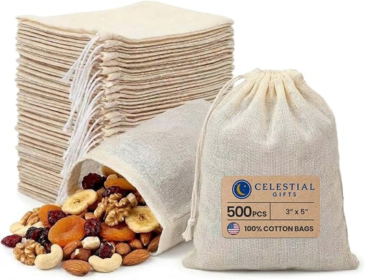 Celestial Gifts Natural Cotton Muslin Bags, 3 x 5 Inches, 100 Count | 100% Cotton Made in USA, Reusable Breathable Drawstring Bags for Gift Packaging, Storage & Herbs, Natural Hem & Drawstring by CelestialGifts