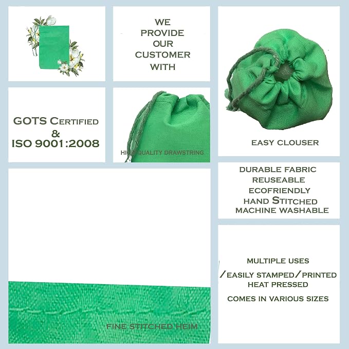(6x10 inches) Green Cotton Bags, Reusable And Biodegradable Produce Muslin Drawstring Bags Available in Different Sizes (Pack Of 100) - Image 7
