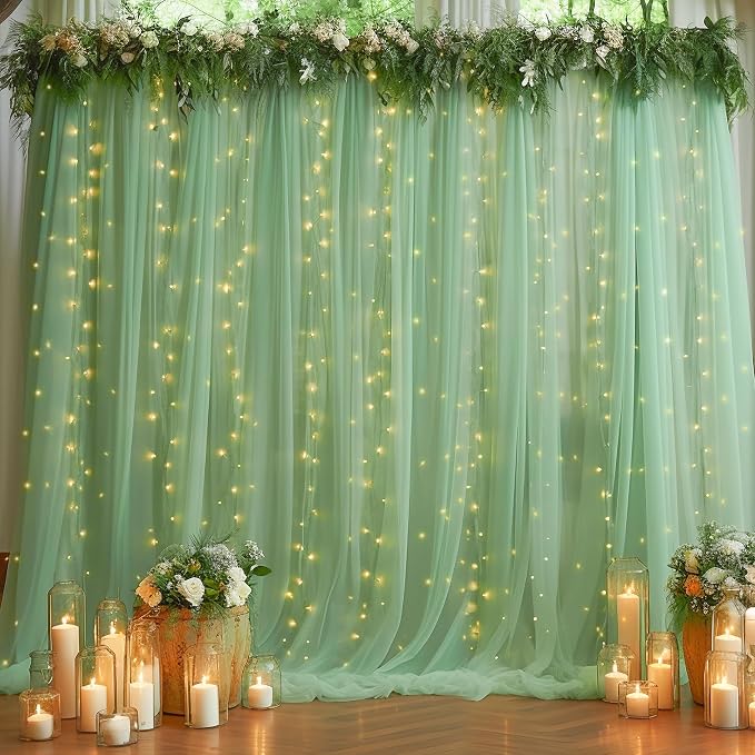 10ft x 10ft Green Backdrop Curtain with Lights String for Parties, Sheer Tulle Wedding Photo Backdrops Drapes for Baby Shower Birthday Party Decorations Background for Photography by Shillance