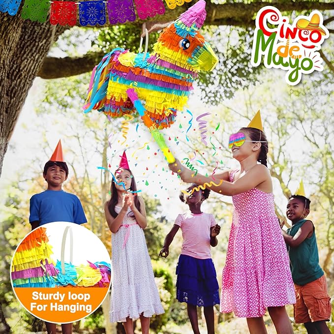 16" Cinco de Mayo Pinata, Large Rainbow Color Donkey Pinata 16 x 13 x 5.5 ln with Stick and Blindfold for Fiestas Mexican Party Decoration, Photo Prop, Taco Tuesday Event
