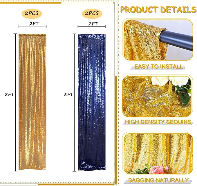 Sequin Backdrop Curtain 4 Panels 2FTx8FT Gold and Navy Blue - Image 2