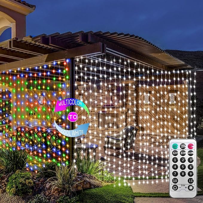 ZAIYW Dual Color Curtain Lights 20ftx10ft 600 LED Christmas Curtain Lights with Remote Plug, Connectable Lights Curtain for Bedroom Patio Wedding Xmas Decor (Cool White & Multicolor)