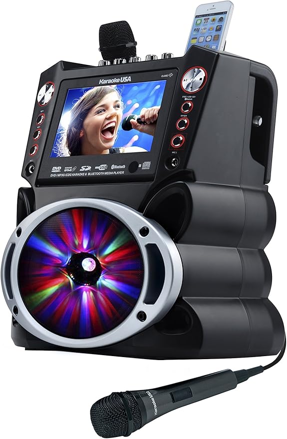 Karaoke USA GF845 Complete Karaoke System with 2 Microphones, Remote Control, 7” Color Display, LED Lights - Works with DVD, Bluetooth, CD, MP3 and All Devices