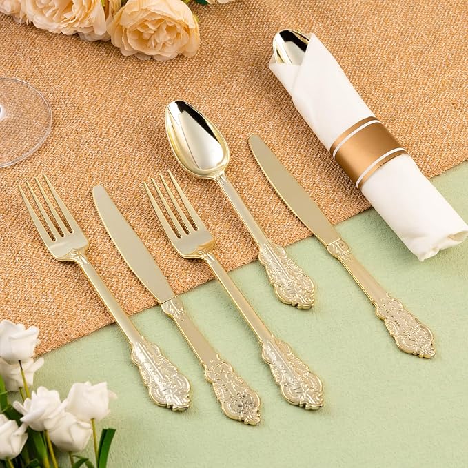 100 Pack Gold Plastic Silverware with Pre Rolled Napkins for 100 Guests, Heavyweight Gold Disposable Utensils Sets Includes 300 Plastic Cutlery, and 100 Napkins for Party & Wedding
