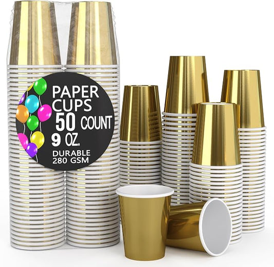 Party Solids Gold Paper Cups 9 oz - 50 Disposable Cups for Hot & Cold Drinks - Durable 280 GSM Coffee Tea Tumblers for Parties Events & To Go by PartySolids