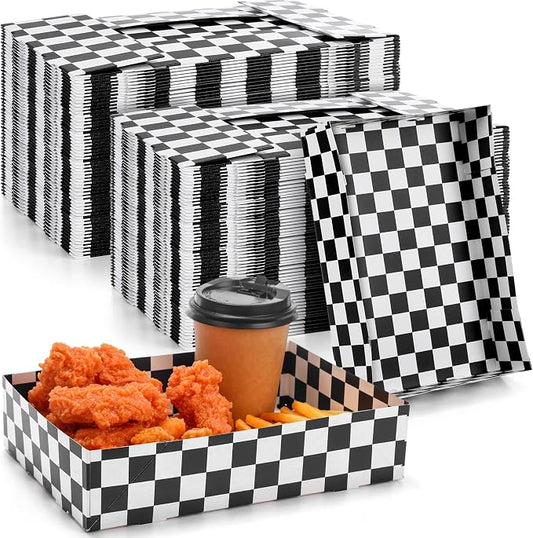 Norme 100 Pack Black and White Checkered Food Trays, Large Disposable Cardboard Paper Trays for Hot Dogs, Popcorn, Nachos and Snacks, Race Car Party Serving Tray, 10.24 x 7.09 x 2.36 Inch by Norme
