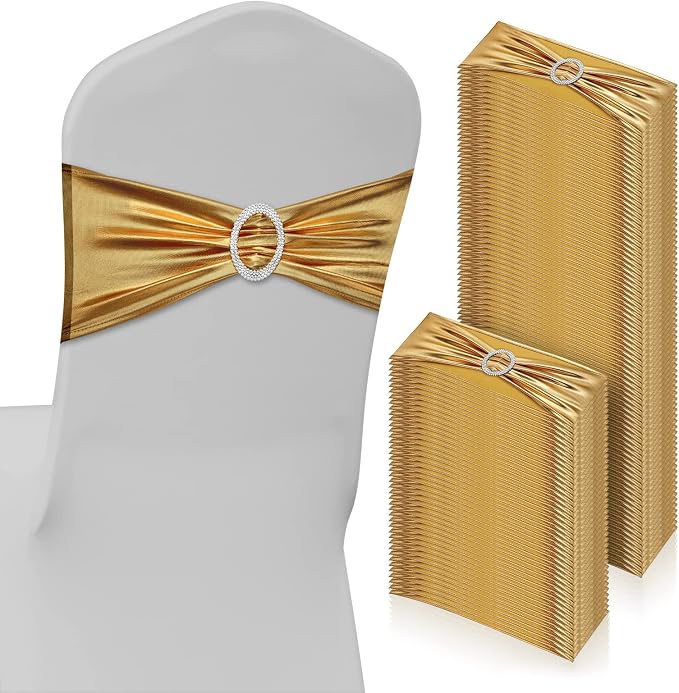 CHENGU 150 Pcs Glossy Gold Chair Sashes with Buckle, Stretch Bands by CHENGU