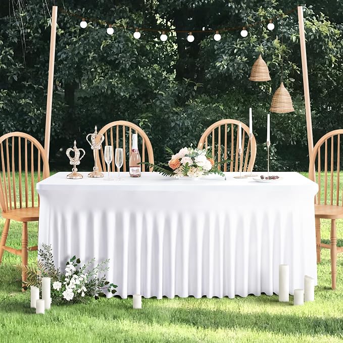 Outpain 2 Pack White Table Clothes for 8 Foot Rectangle Tables, One-Piece Wrinkle Resistant Stretch Spandex Table Covers with Skirt for Event Banquet Wedding Birthday Party - Image 4