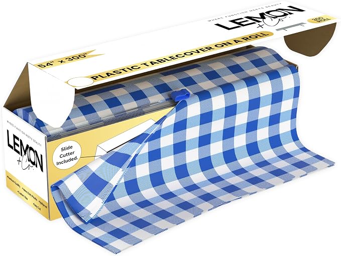 LEMON + Co. Blue Gingham Premium Plastic Tablecloth Roll - 54" x300' for Parties with Cutter Box - Cut to Size Rectangle & Round Disposable Tablecloth Plastic Table Cover by LemonCo