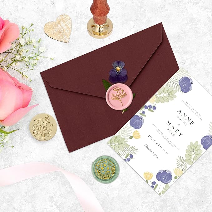 Yoption Wax Seal Stamp Gift Box Kit, 6 Pcs Botanical Sealing Wax Stamp Heads with 1 Wooden Hilt for Wedding Invitations Envelope Cards Gift Decoration (Botanical Series)