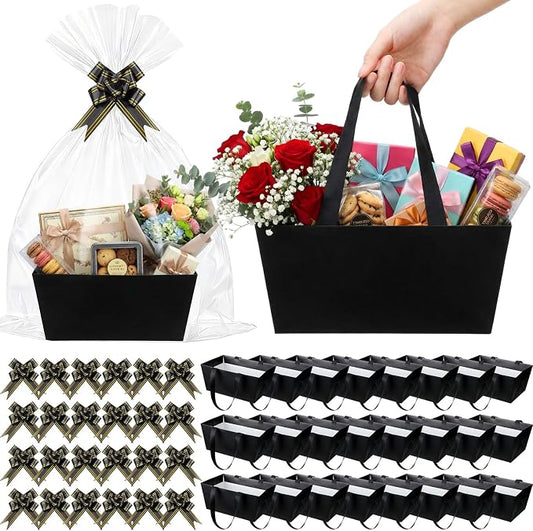 Funnymoom 24 Pack Black Baskets for Gifts Empty Bulk, Kraft Gift Baskets Cardstock Favor Packaging Set with Transparent Bags Pull Bows for Christmas, Holiday, Wedding, Birthdays, Snacks, Market by Funnymoom