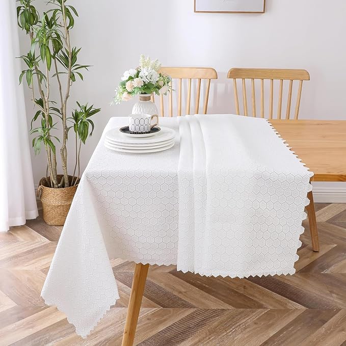 Majestic Giftware Polyester Tablecloths for Rectangle Tables - White Lace | (70/220) - TC1725L Mini Hexagon - Lined Design Dining Table Cover | Decorative Washable Tablecloth for Home, Kitchen, Dining by MajesticGiftware