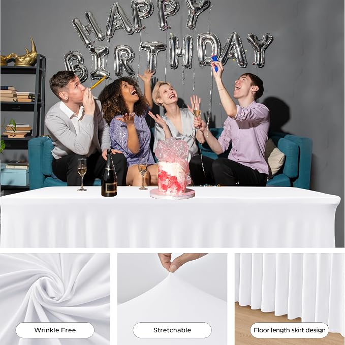 4 Pack White Spandex Table Covers 4ft Rectangle Ruffle Skirts for Party | Elastic Table Covers 4 Foot, Pleated Fitted Table Cloths, Wrinkle Resistant Elegant Table Skirts Wedding, Banquets - Image 6