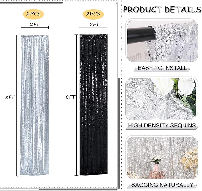 Sequin Backdrop Curtains 2FTx8FT Silver x2+Black x2 4 Panels - Image 2