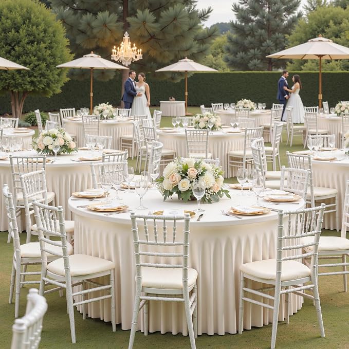 6 Pack Ivory Spandex Round Tablecloths for 60 inch Table, Wrinkle Free 120inch Stretchy Fitted 5FT Round Table Cloths Cover with Skirt for Wedding Party Dining Banquet - Image 3