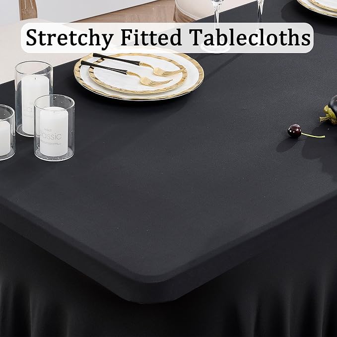 4 Pack Black Spandex Tablecloths for 6 Foot Rectangle Tables, Wrinkle Free Stretchy Table Clothes with Skirt for Weddings Birthday Party Banquet Baby Shower - Image 2