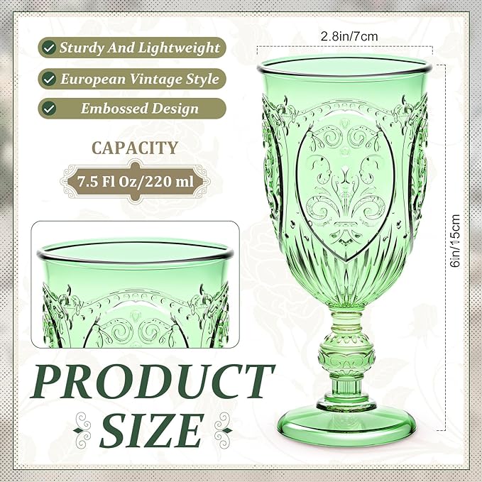 6 Pcs Plastic Goblets 7.5oz Vintage Goblet Plastic Wine Glasses Colored Retro Embossed Water Goblets for Wine Bar Juice Baby Shower Wedding Reception Grand Event Party (Green)