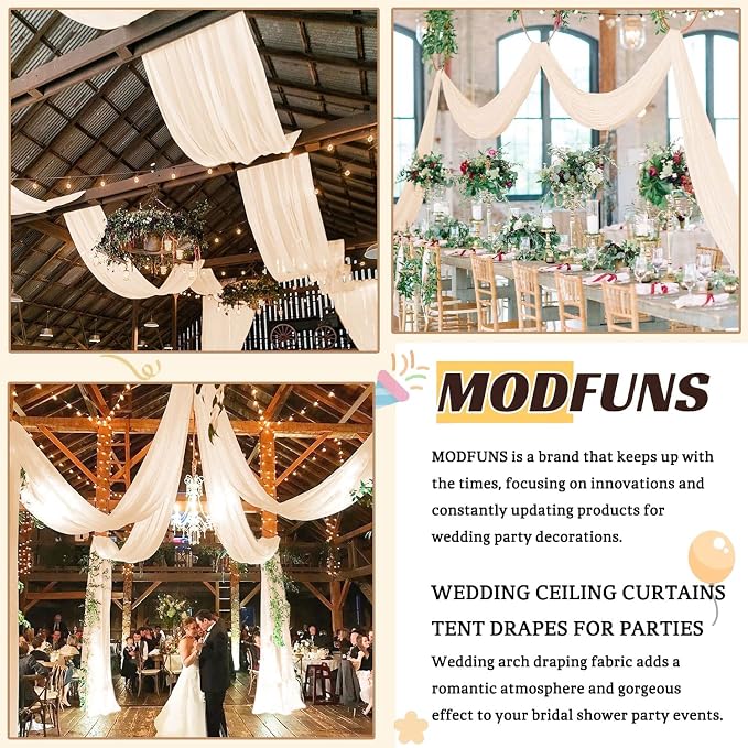 MODFUNS Champagne Ceiling Drapes for Parties 2 Panels 5FTx20FT Sheer Fabric for Draping Chiffon Curtain Ceiling Backdrop Wedding Arch Drapes Fabric Tulle Wedding Curtains Banquet Hall Tent Drapery - Image 6