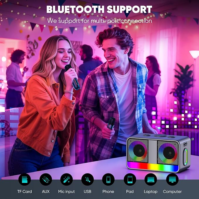 Karaoke Machine,Real 35W Portable Speaker,8H Long Time, 2Rechargeable Wireless Microphones,LED,Karaoke Machine for Adults & Kids,BT/FM/USB/TF/AUX,for Home Party/Outdoors(CHJ171-SilverGray)