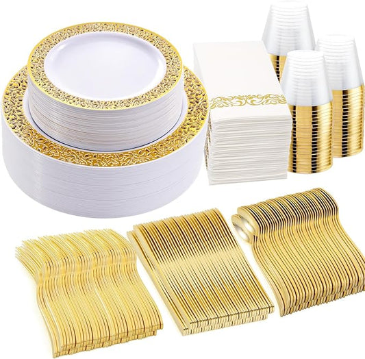 WELLIFE 210Pcs Gold Plastic Dinnerware - Disposable Silverware and Cups, Include:30 Dinner Plates, 30 Dessert Plates, 30 Paper Napkins, 30 Cups, 30 Gold Plastic Cutlery Set for Party and Wedding by WELLIFE
