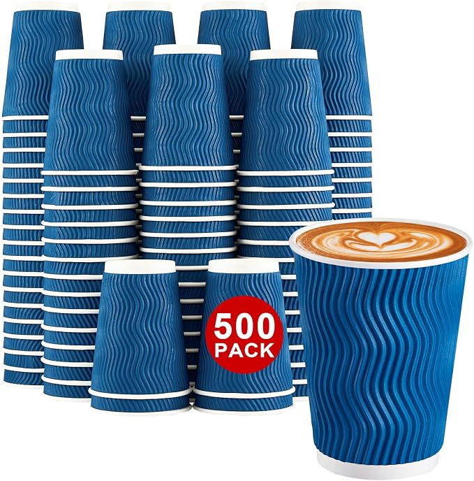 Lamosi 500 Count 12 oz Insulated Disposable Paper Coffee Cups Bulk No Lids | Corrugated Cups 12oz, Kraft Ripple Wall Design for Hot Beverage or Cold Drink Office Home Party Travel Cafe (Navy) by BuyNow
