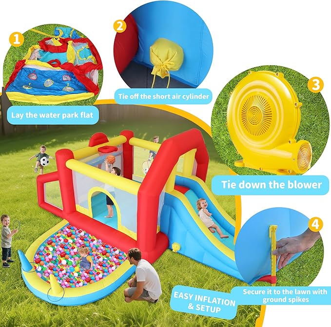 9 in 1 Inflatable Bounce House Kid Trampoline with Tall Slide, Ball Pit Pool, Skill Soccer, Throwing Sandbags Game, for Home Party or Outdoor Ages 3-10 with 520W Blower 190"x138"x76"
