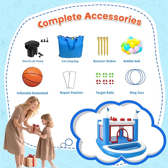 Kids Bounce House with Ball Pit, Basketball Hoop, Target Game and Ring Toss Game PVC Jumping Castle with Electric Air Pump 98”x 70”x 65” Trampoline for Ages 3-8 Indoor or Outdoor Play